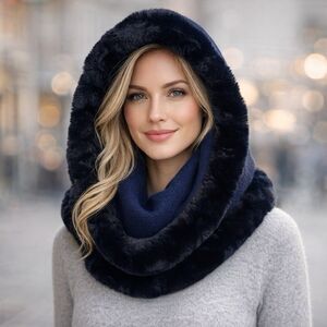 Alashan Cashmere Hooded Faux Fur Infinity Scarf Navy Blue Convertible Hood Scarf